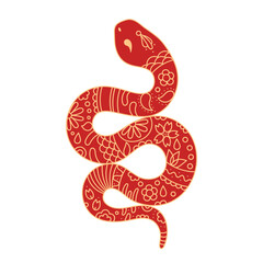 Obraz premium Happy Chinese New Year 2025 with Snake zodiac card. Lunar new year sign. Red snake with golden flowers and patterns. Lunar new year concept, geometric modern design. Good for banner, card, poster