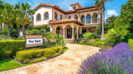 Obraz premium This stunning Mediterranean-style villa features a welcoming entrance surrounded by lush greenery and vibrant flowers under bright blue skies. A prominent For Sale sign indicates its availability.
