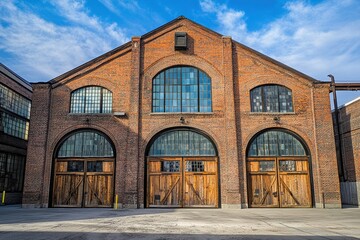 Fototapeta premium A large, old brick warehouse with tall, arched windows, and weathered wooden doors.