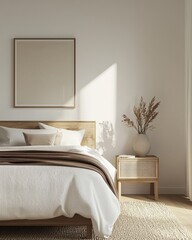 A bedroom with minimal decor, where a simple bed, a nightstand, and a piece of wall art provide a tranquil and uncluttered atmosphere.