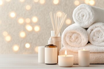 Relaxing spa setting with aromatic candles, soft towels, and essential oils