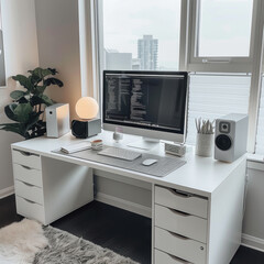 Modern Home Office Interior with Plants and Computer