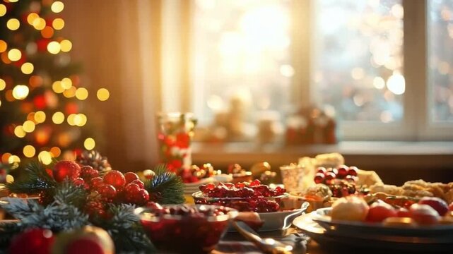 Christmas dinner. Festive food with a Christmas tree in the background