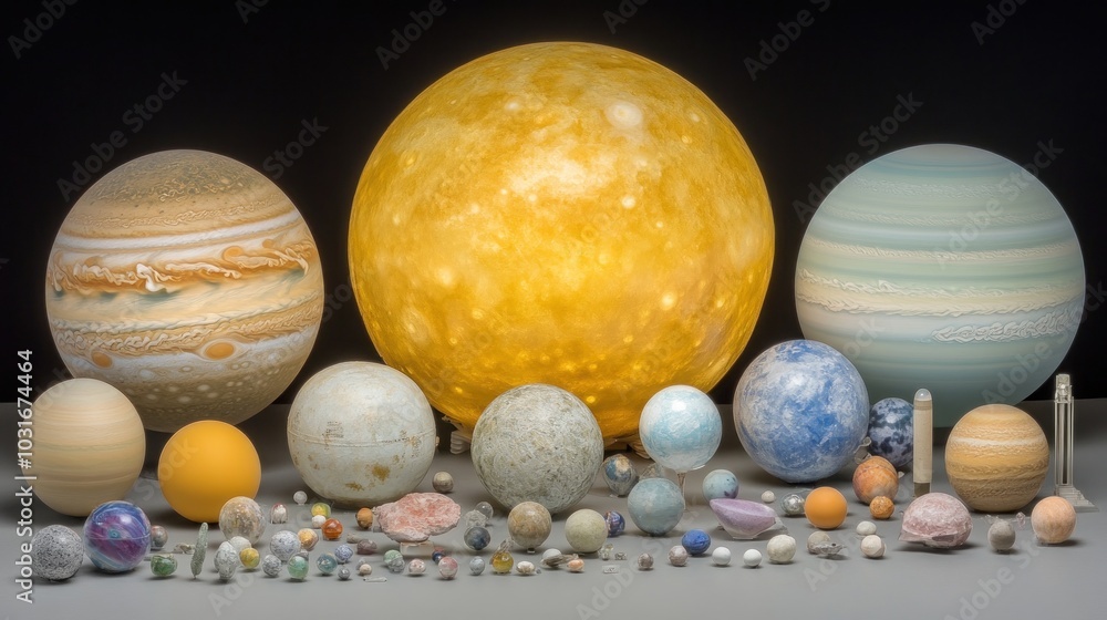 Poster a collection of planets in varying sizes, arranged in a line from largest to smallest.