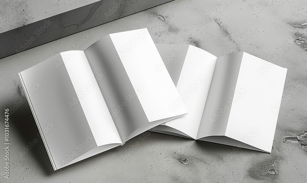 Poster top view of open and closed blank brochures on grey background, mockup for design, empty template re