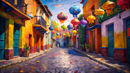 Fototapeta premium Colorful street decorated for Las Posadas festival