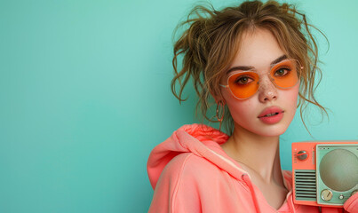 Trendy Disco 90s Woman in Pink Sweatshirt Holding Retro Radio Against Green Neon Gradient Background with Orange Eyewear, Vintage Style, Youthful Vibes, Nostalgic Fashion, Nightlife, Youth Culture