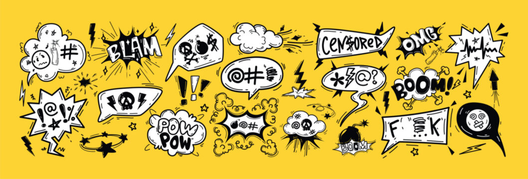Hand drawn speech bubble doodle set with insult, curses, vulgar rage, swearwords, offensive language. Cuss words, censored symbols in comic dialog box or talk frame with for angry, negative expression