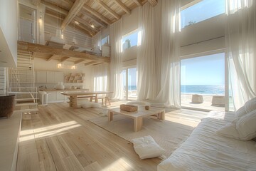 Modern Beachfront Living Space with Elegant Minimalist Design and Ocean View