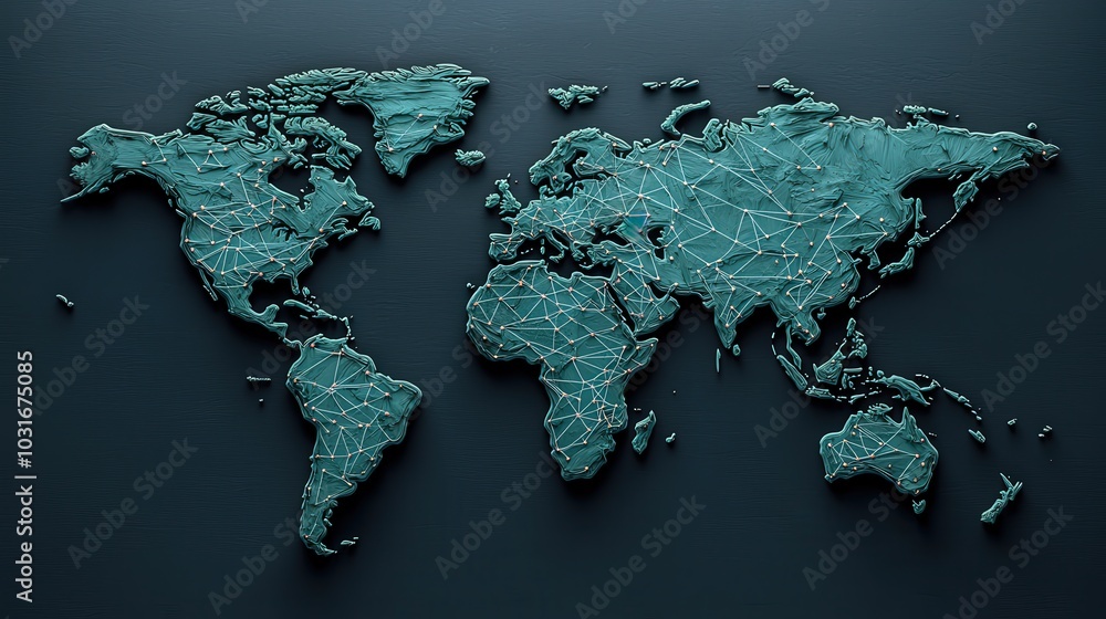 Poster 3d world map with connected lines and points global network concept