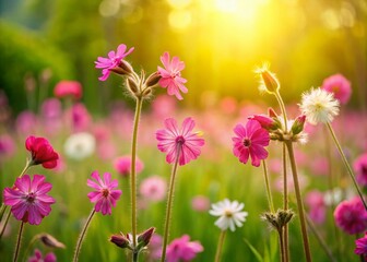Fototapeta premium Summer Meadow Double Exposure: Red Campion and Dandelions in Bloom