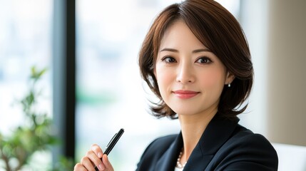 Obraz premium Confident asian businesswoman in professional attire, holding pen, smiling in modern office setting with natural light and window view.