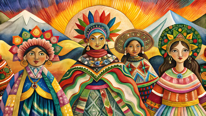 Colorful traditional women in Andean clothing with mountains