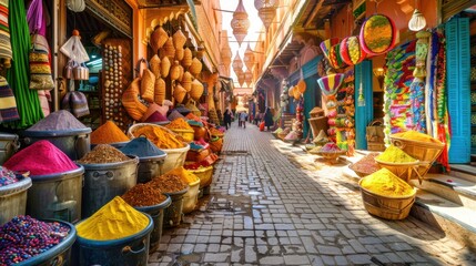 Vibrant Moroccan Market Alley with Colorful Spices and Textiles