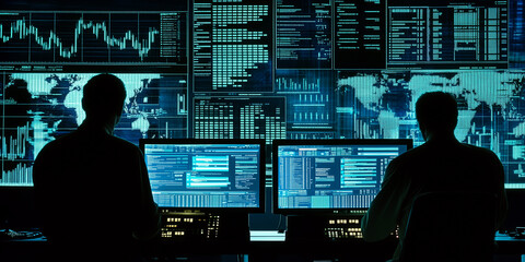 Fototapeta premium In the Midst of Financial War, Hackers Launch Cyber Attacks, Disrupting Enemy Financial Systems with Flashing Screens, Tense Data Flows, and Chaotic Trading Interfaces