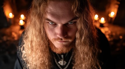  A tight shot of an individual with long tresses adorned with a necklace, gazing intently into the camera Candles softly illuminate the backdrop