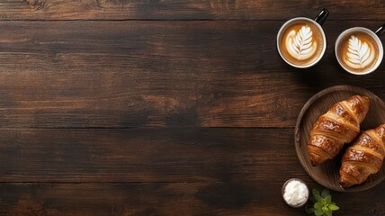 Cozy breakfast scene with coffee and croissants on a wooden table, perfect for adding your text at the top.