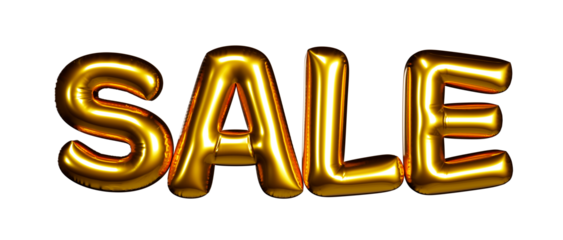 Golden balloons sale text isolated on white background. Inflated font letters for black friday, christmas, new year and seasonal sale promotions.