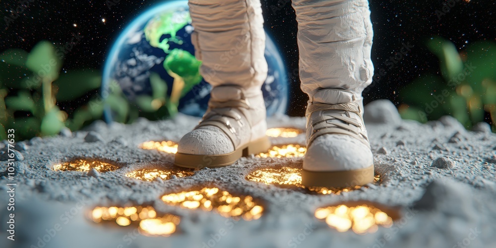 Poster astronaut steps on moon surface with earth in background space exploration concept