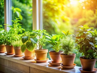 Sunny Windowsill with Potted Plants and Lush Greenery View - Nature-Inspired Fashion Photography
