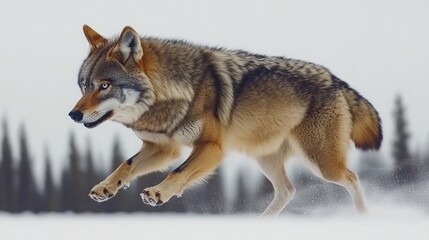 Obraz premium A lone wolf running through a snowy landscape, its fur blending with the white snow.