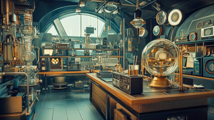 A retrofuturistic lab with innovative tech, glass flasks, and vintage gadgets for scientific exploration