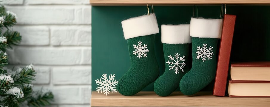 Library shelves adorned with tiny stockings and snowflakes, creating a cheerful holiday theme, library  Christmas decor, shelf decor