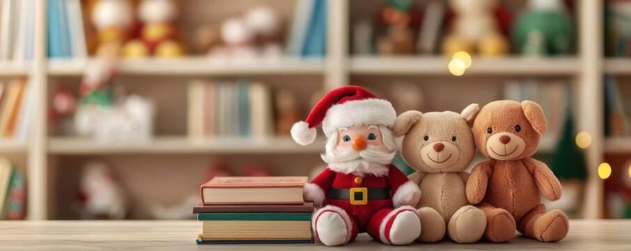Library s children s corner with Christmas-themed plush toys and storybooks about Santa, library  Christmas decor, children s corner