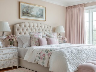 Elegant bedroom with tufted headboard, marble nightstands, and soft pastel tones, [Furniture], [Elegant interior]