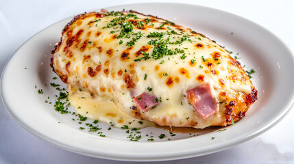 Mouth-Watering Chicken Milanese Stuffed with Savory Ham and Gooey Cheese, Deliciously Presented on a White Plate