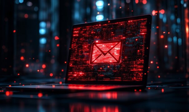 Phishing Awareness: laptop show red email inbox with a warning sign indicating phishing attempts and the importance of awareness, Generative AI