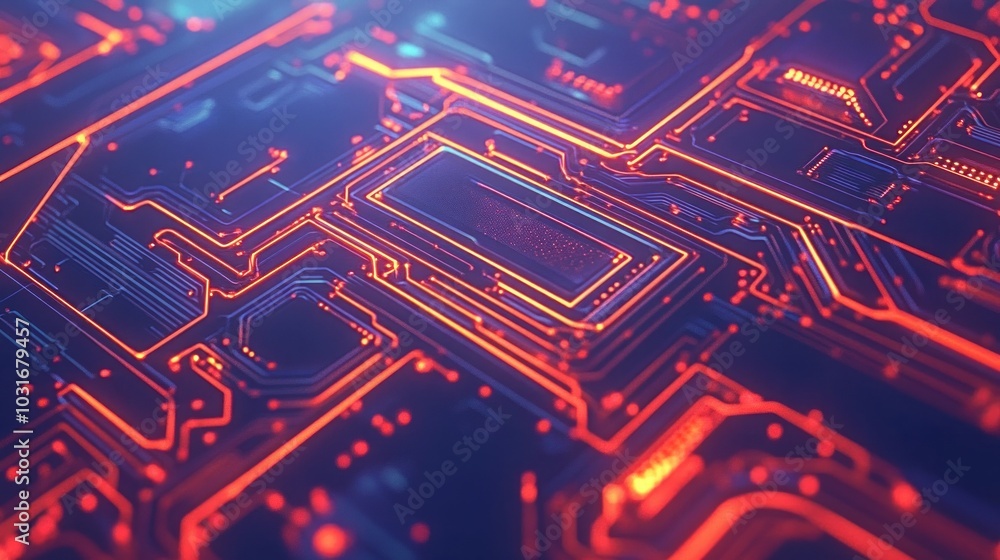 Poster abstract image of a circuit board with glowing red and blue lines.