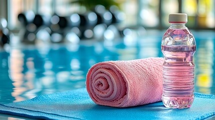 A bottle of water and a pink towel on a blue towel by a swimming pool