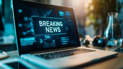A laptop on a desk displaying a breaking news screen, symbolizing real-time information updates in a digital environment.