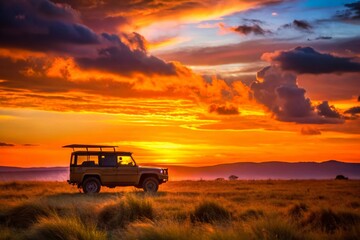 Sunset Safari Car Adventure in Minimalist Style for Nature Enthusiasts