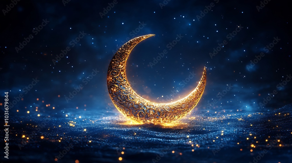 Poster ornate golden crescent moon intricate patterns shining on a deep blue background surrounded by twink