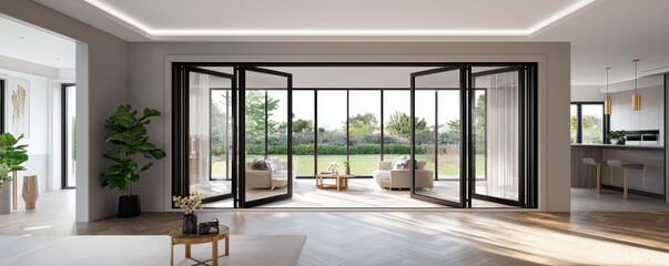 Elegant designer space featuring seamless transition from luxurious interior to serene garden oasis.