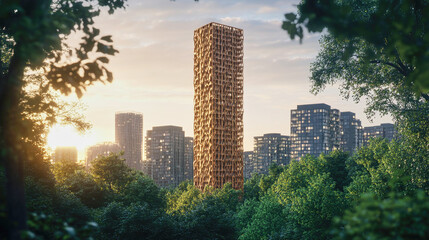 Obraz premium A striking wooden skyscraper blends seamlessly with a forest skyline during dusk