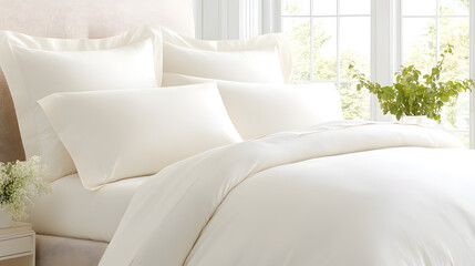 Inviting Photograph of a Styled Bed with Cozy Comforter and Matching Pillows in Soft Warm Lighting for Bedding Enthusiasts
