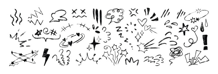 Line movement elements, anime manga doodle set. Black crayon comic emotion symbols, emoji icons. Hand drawn chalk pencil explosion effect, charcoal expression signs, action lines or exclamation marks