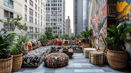 A chic urban terrace with tribal decor