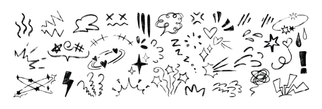 Line movement elements, anime manga doodle set. Black crayon comic emotion symbols, emoji icons. Hand drawn chalk pencil explosion effect, charcoal expression signs, action lines or exclamation marks