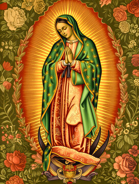 Our lady of guadalupe praying in floral frame