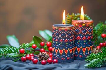 Two blue hand painted candles burning for kwanzaa celebration with pine cones and red berries decoration