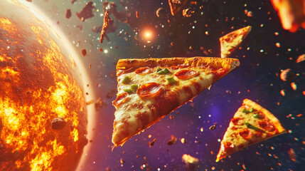Floating pizza slices orbit around a cheese planet amidst vibrant cosmic comets and meteors