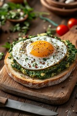 This breakfast features crusty bread layered with vibrant spinach and topped with a perfectly fried egg, seasoned with pepper. A healthy, hearty start to the day