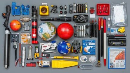 A flat lay of various tools and objects arranged in a grid pattern against a grey background.