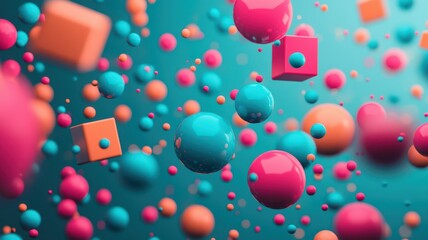 Dynamic 3D Floating Spheres and Cubes in Vibrant Neon Colors - Modern Abstract Art Design