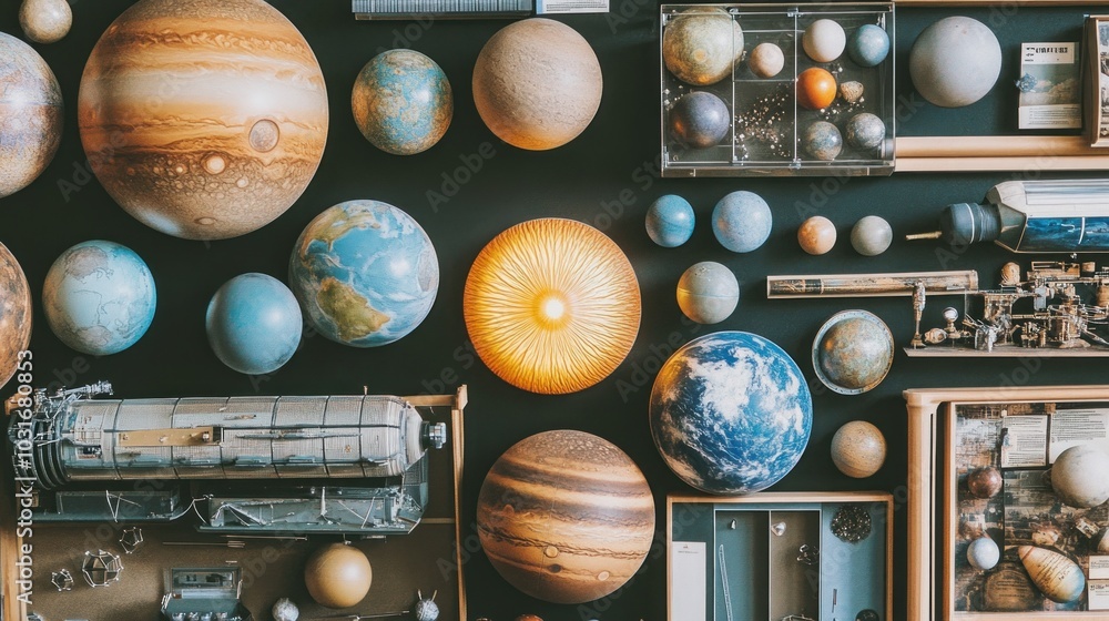 Poster a flat lay of various planets and celestial objects, including a model of the sun, a model of a rock