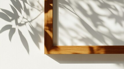 Fototapeta premium Wooden Frame Corner with Leaf Shadows on White Wall